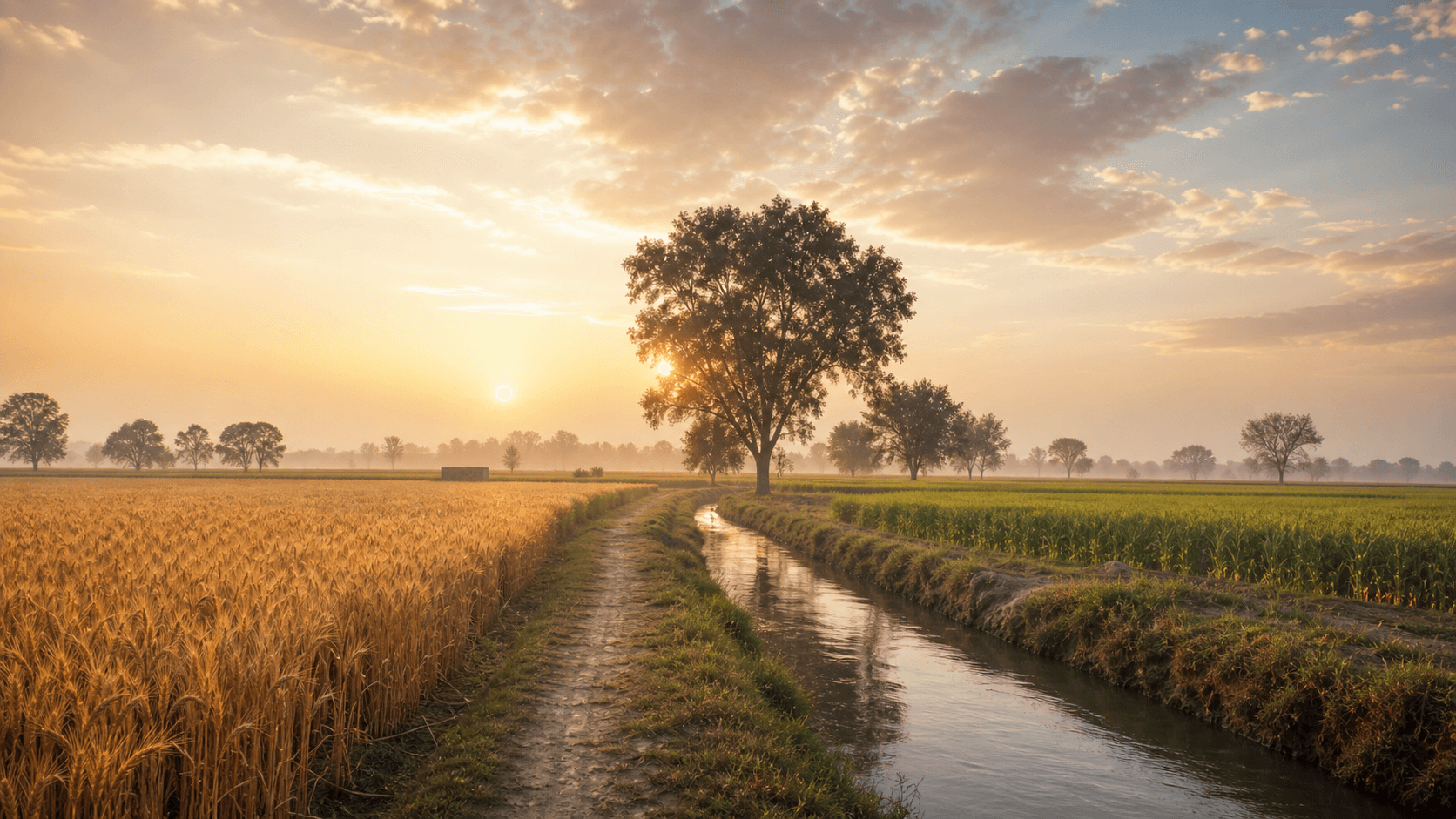 A calm Punjab landscape with golden fields, trees, and morning light.
