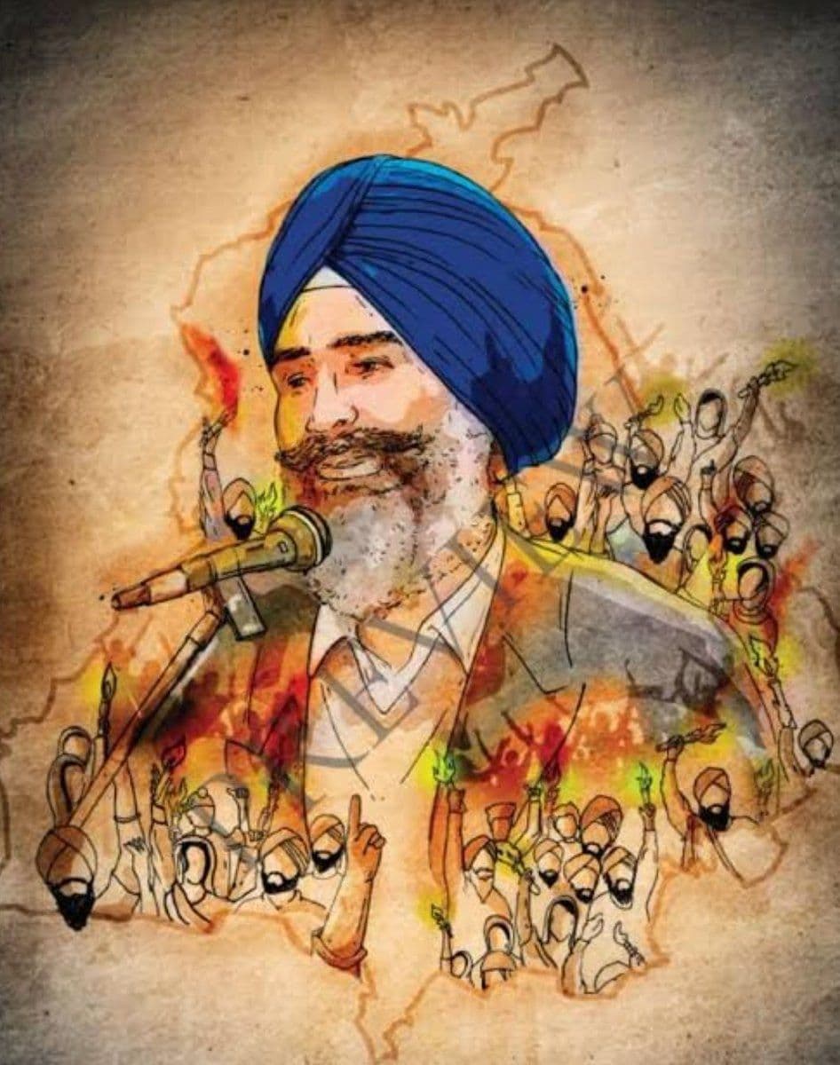 Illustrated portrait of human rights activist Jaswant Singh Khalra speaking into a microphone, with symbolic artwork depicting protesters, torches and the outline of Punjab in the background.